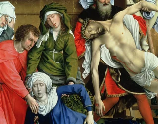 Kreuzabnahme, 1435 (Detail mit dem heiligen Johannes, der Jungfrau Maria und Christus)